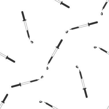 Beyaz arka plan üzerinde pipet simgesi seamless modeli. Tıp, kimya laboratuar ekipmanları unsuru. Damla ile pipet. Tıp sembolü. Düz tasarım. Vektör çizim