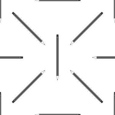Beyaz arka plan üzerinde silgi simgesi seamless modeli ile kalem. Eğitim işareti. Çizim ve eğitim araçları. Okul ofis sembol. Düz tasarım. Vektör çizim