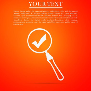 Büyüteç ve onay işareti simgesi turuncu zemin üzerine izole. Cam büyütme ve onaylı, onaylamak, kene, tamamlanan sembolü. Düz tasarım. Vektör çizim