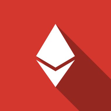 Cryptocurrency para ile uzun gölge izole Ethereum Eth simgesi. Fiziksel bit sikke. Dijital para. Altcoin sembolü. Blockchain dayalı güvenli kripto para birimi. Düz tasarım. Vektör çizim