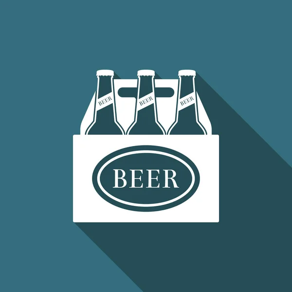 Confezione di bottiglie di birra icona isolata con lunga ombra. Caso cassa birra scatola segno. Design piatto. Illustrazione vettoriale — Vettoriale Stock