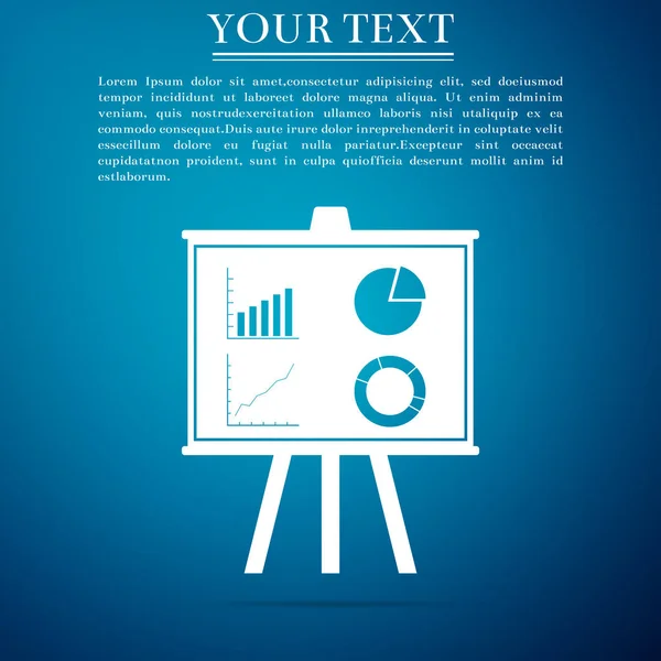 Junta de negocios financiera de presentación con gráfico, gráfico, diagrama, icono de gráfico circular aislado sobre fondo azul. Signo del tablero de infografía. Concepto estadístico. Diseño plano. Ilustración vectorial — Archivo Imágenes Vectoriales