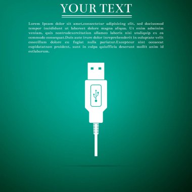 Usb kablo kordon simgesi üzerinde yeşil arka plan izole. Bağlayıcılar ve Pc ve mobil cihazlar için yuva. Bilgisayar çevre birimleri bağlayıcı veya smartphone şarj kaynağı. Düz tasarım. Vektör çizim