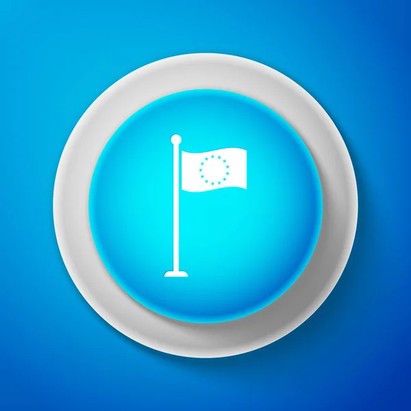 Drapeau blanc de l'Union européenne icône isolée sur fond bleu. Symbole du cercle européen. Agitant le drapeau de l'UE sur un poteau métallique. Cercle bouton bleu avec ligne blanche. Illustration vectorielle — Image vectorielle