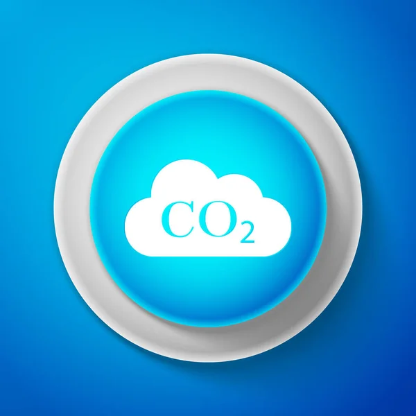 White CO2 emissions in cloud icon isolated on blue background. Carbon dioxide formula symbol, smog pollution concept, environment concept, combustion products. Circle blue button. Vector Illustration — Stock Vector