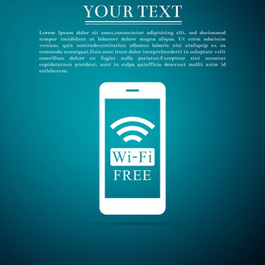 Smartphone ile ücretsiz wi-fi kablosuz bağlantı simgesi üzerinde mavi arka plan izole. Kablosuz teknoloji, kablosuz internet bağlantısı, kablosuz ağ, hotspot kavramları. Düz tasarım. Vektör çizim