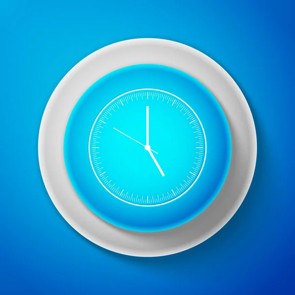 Vit klocka ikon isolerad på blå bakgrund. Tid-ikonen. Cirkel blå knapp med vit linje. Vektorillustration — Stock vektor