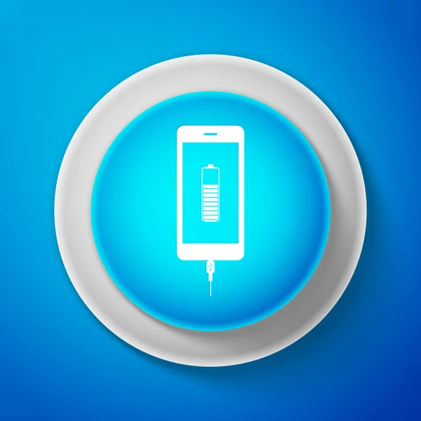 Піктограма заряду батареї білого смартфона ізольована на синьому фоні. Телефон з низьким зарядом батареї та USB-з'єднанням. Блакитна кнопка з білою лінією. Векторна ілюстрація — стоковий вектор