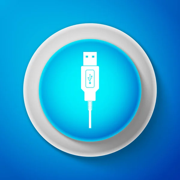 Icona cavo USB bianco isolato su sfondo blu. Connettori e prese per PC e dispositivi mobili. Connettore periferiche del computer o ricarica smartphone. Pulsante blu cerchio. Illustrazione vettoriale — Vettoriale Stock