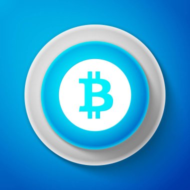 Beyaz Cryptocurrency sikke üzerinde mavi arka plan izole Bitcoin simgesi. Internet para için Bitcoin. Dijital para. Blockchain dayalı güvenli kripto para birimi. Daire mavi düğme. Vektör çizim