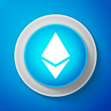 Beyaz Cryptocurrency sikke üzerinde mavi arka plan izole Ethereum Eth simgesi. Dijital para. Altcoin sembolü. Blockchain dayalı güvenli kripto para birimi. Daire mavi düğme. Vektör çizim