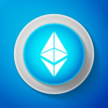 Beyaz Cryptocurrency sikke üzerinde mavi arka plan izole Ethereum Eth simgesi. Dijital para. Altcoin sembolü. Blockchain dayalı güvenli kripto para birimi. Daire mavi düğme. Vektör çizim