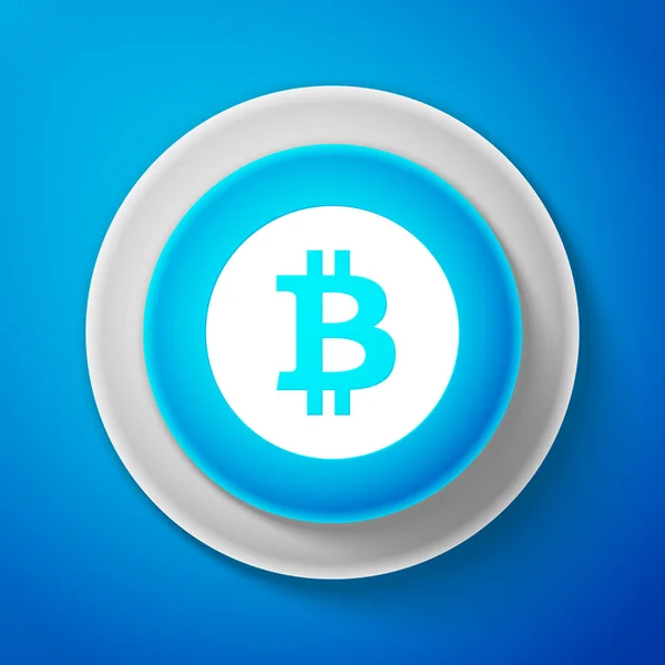 Vit kryptovaluta mynt Bitcoin ikonen isolerad på blå bakgrund. Bitcoin för internet pengar. Digital valuta. Blockchain baserat säkert krypto valuta. Cirkel blå knapp. Vektorillustration — Stock vektor