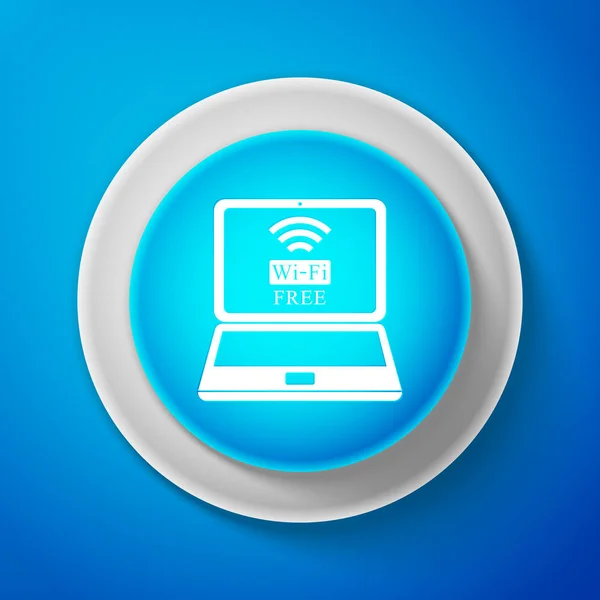 Weißer Laptop und kostenloses WLAN-Verbindungssymbol isoliert auf blauem Hintergrund. Drahtlose Technologie, Wi-Fi-Verbindung, drahtloses Netzwerk, Hotspot-Konzepte. Kreis blauer Knopf. Vektorillustration — Stockvektor