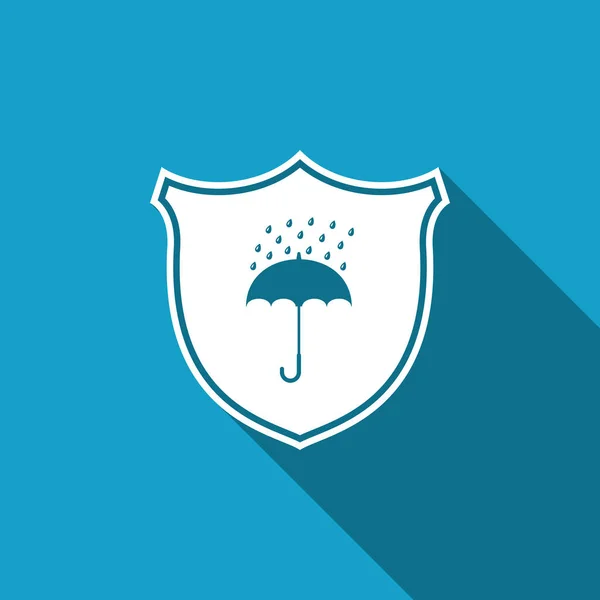 Wodoodporny ikona na białym tle z długim cieniem. Tarcza i parasol. Znak ochrony wody. Odporny na działanie wody symbol. Płaska konstrukcja. Ilustracja wektorowa — Wektor stockowy