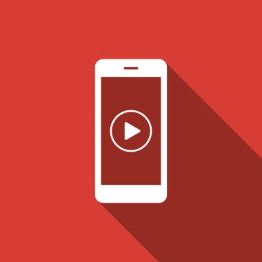Smartphone ile uzun gölge izole ekran simgesini Oynat düğmesini ile. Düz tasarım. Vektör çizim