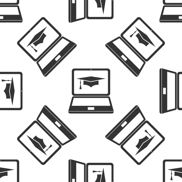 Tapa de graduación e icono portátil. Aprendizaje en línea o e-learning icono de concepto patrón sin fisuras sobre fondo blanco. Diseño plano. Ilustración vectorial — Archivo Imágenes Vectoriales