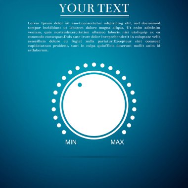 Üzerinde mavi arka plan izole topuzu düzey teknoloji ayarlar simgesini arayın. Ses düğmesi, ses kontrolü, müzik topuzu numara ölçekli, analog regülatörü. Düz tasarım. Vektör çizim