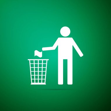 Adam toz kutusu simgesi üzerinde yeşil arka plan izole içine çöp atma. Sembol geri dönüşüm. Düz tasarım. Vektör çizim