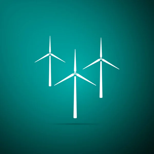 Větrná turbína ikona izolované na zeleném pozadí. Wind generator znamení. Větrný mlýn silueta. Větrné elektrárny pro výrobu elektrické energie. Plochý design. Vektorové ilustrace — Stockový vektor