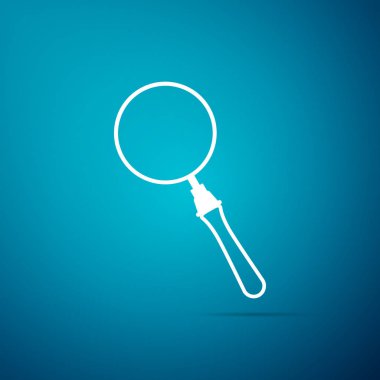 Büyüteç simgesinin üzerinde mavi arka plan izole. Arama, odak, zoom, iş sembolü. Düz tasarım. Vektör çizim