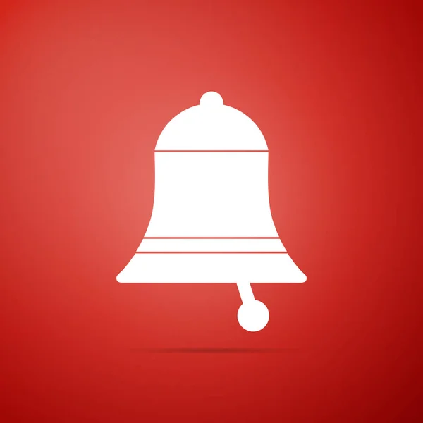 Dzwoni dzwon ikona na białym tle na czerwonym tle. Symbol alarmu, usługi dzwon, dzwonek ręczny znak, symbol powiadomienia. Płaska konstrukcja. Ilustracja wektorowa — Wektor stockowy