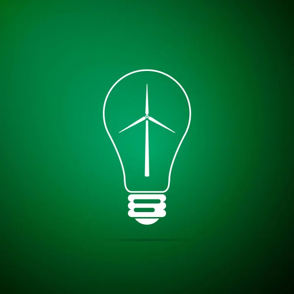 Bombilla con turbinas eólicas como idea de fuente ecológica de energía icono aislado sobre fondo verde. Diseño plano. Ilustración vectorial — Vector de stock