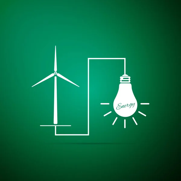 Szél malom turbinás áramfejlesztő energiát és izzó villanykörte ikon elszigetelt zöld háttér. Természetes megújulóenergia-termelés használ szél malmok. Lapos kivitel. Vektoros illusztráció — Stock Vector