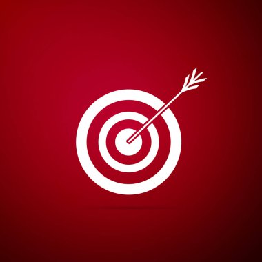 Ok simgesi üzerinde kırmızı arka plan izole ile hedef. Yönetim Kurulu üye dart. Okçuluk kurulu simgesi. Dart tahtası işareti. İş hedefi kavramı. Düz tasarım. Vektör çizim