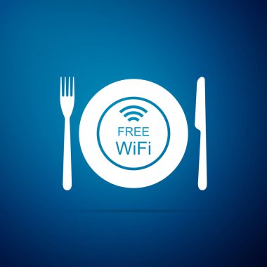 Restoran ücretsiz Wi-Fi bölgesi simgesi üzerinde mavi arka plan izole. Tabak, çatal ve bıçak oturum açın. Düz tasarım. Vektör çizim