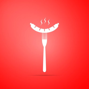 Sosis üzerinde kırmızı zemin üzerine izole çatal simgesi. Düz tasarım. Vektör çizim