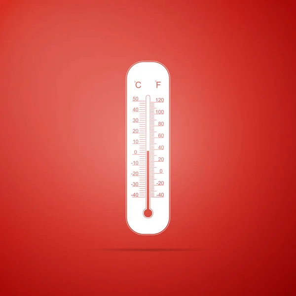 Celsius és fahrenheit meteorológiai hőmérők, hő és hideg ikon piros háttér elszigetelt. Hőmérő berendezések találat, meleg vagy hideg időjárás. Lapos kivitel. Vektoros illusztráció — Stock Vector