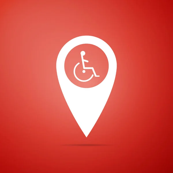Engelli handikap harita işaretçi simgesi üzerinde kırmızı arka plan izole. Geçersiz simge. Düz tasarım. Vektör çizim — Stok Vektör
