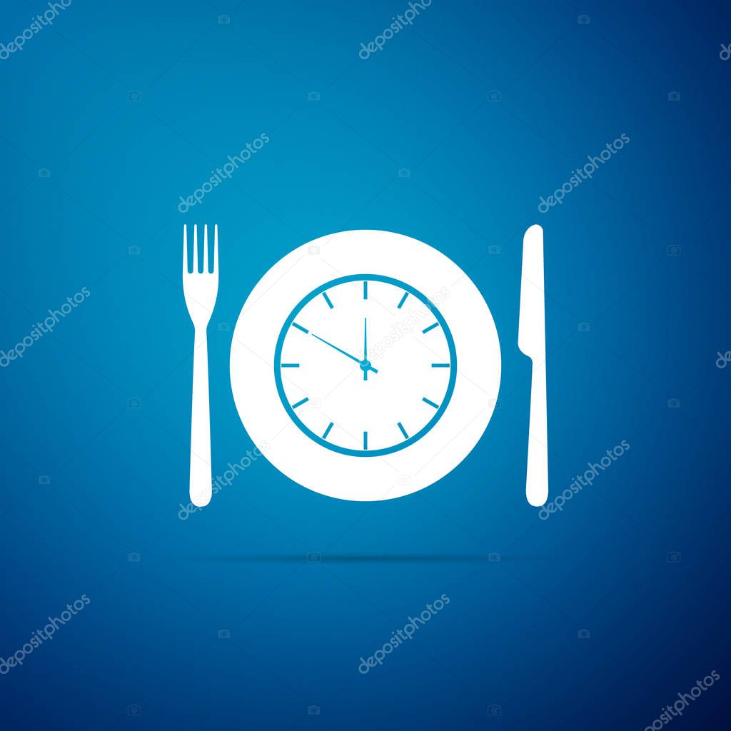 Plate with clock, fork and knife icon isolated on blue background. Lunch time. Eating, nutrition regime, meal time and diet concept. Flat design. Vector Illustration