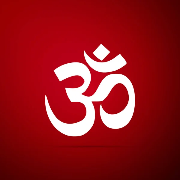 Icône sonore sacrée indienne Om ou Aum isolée sur fond rouge. Symbole du bouddhisme et des religions hindouistes. Le symbole de la triade divine de Brahma, Vishnu et Shiva. Design plat. Illustration vectorielle — Image vectorielle