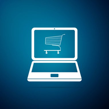 Online alışveriş kavramı. Alışveriş sepeti ekran dizüstü bilgisayar simgesini üzerinde mavi arka plan izole. Konsept e-ticaret, online iş pazarlama. Düz tasarım. Vektör çizim