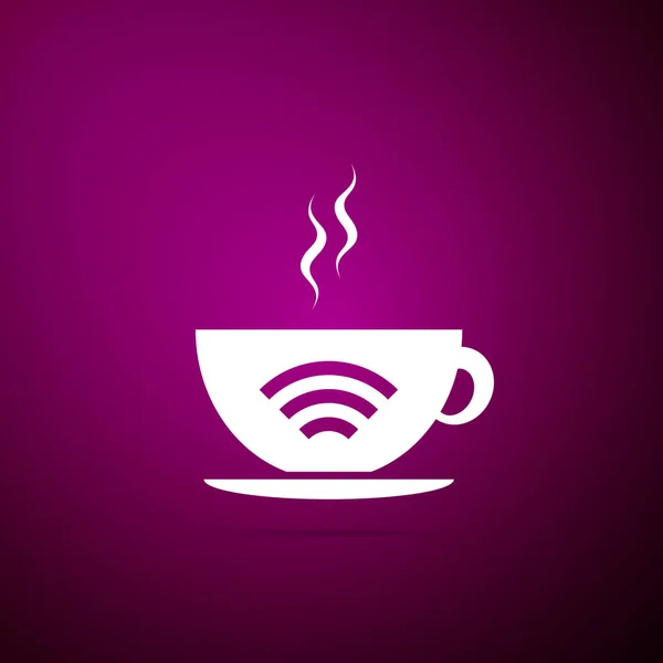 Copa de cafetería con icono zona wifi gratis aislado sobre fondo púrpura. Cartel de conexión a Internet. Diseño plano. Ilustración vectorial — Vector de stock