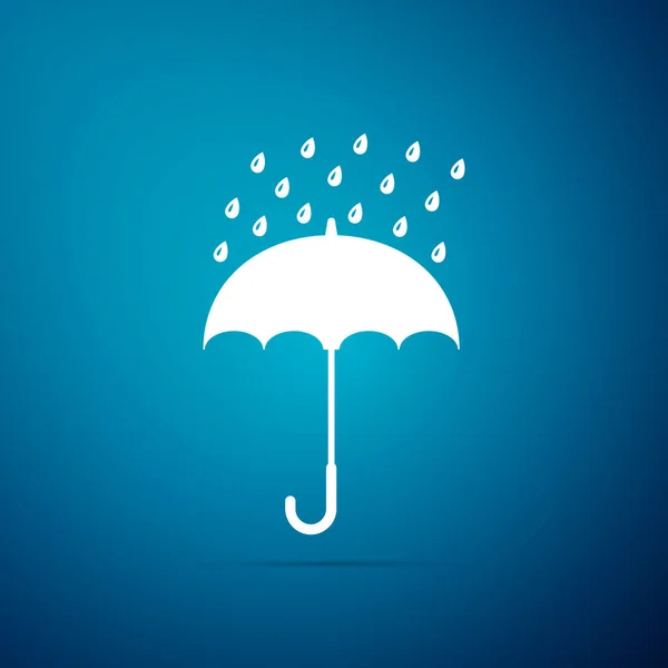 Deštník a dešťové kapky ikona izolované na modrém pozadí. Plochý design. Vektorové ilustrace — Stockový vektor