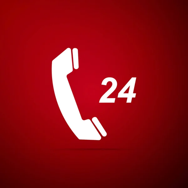 電話 24 時間サポートのアイコンが赤い背景に分離されました。終日カスタマーは、コール センターをサポートします。フラットなデザイン。ベクトル図 — ストックベクタ