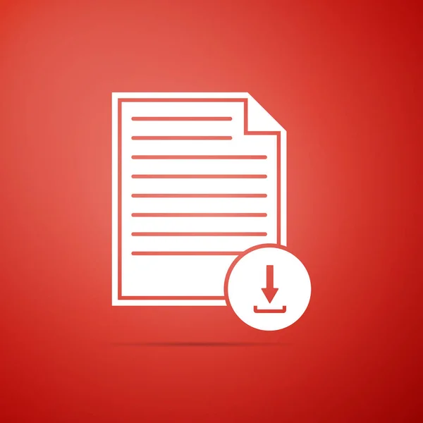 Documento con icono de signo de descarga aislado sobre fondo rojo. Archivo símbolo del documento. Diseño plano. Ilustración vectorial — Vector de stock