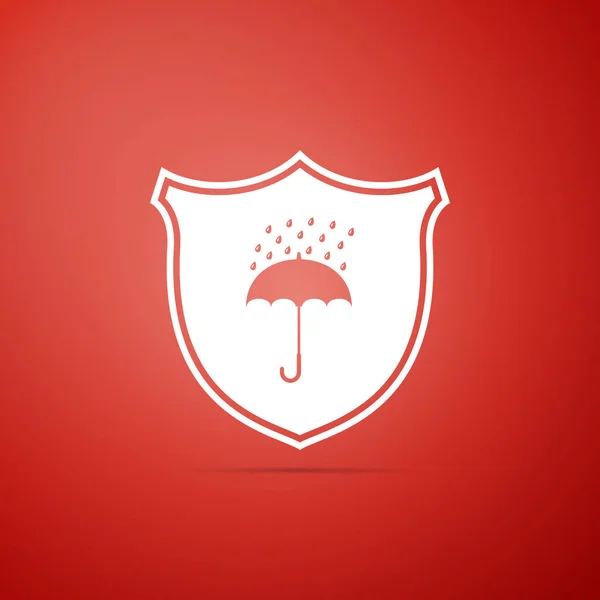 Vodotěsné ikona izolované na červeném pozadí. Štít a deštník. Vodní znamení ochrany. Vodě odolný symbol. Plochý design. Vektorové ilustrace — Stockový vektor