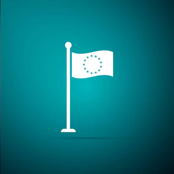 Drapeau de l'Union européenne icône isolée sur fond vert. Symbole du cercle européen. Agitant le drapeau de l'UE sur un poteau métallique. Design plat. Illustration vectorielle — Image vectorielle