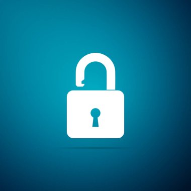 Açık asma kilit simgesi üzerinde mavi arka plan izole. Kilit simgesi. Düz tasarım. Vektör çizim