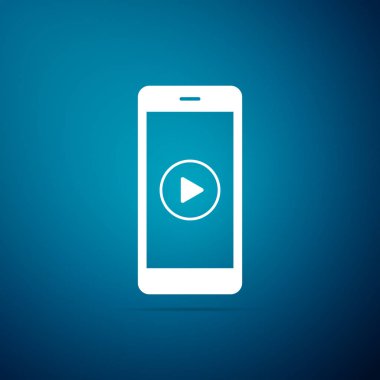 Smartphone ile mavi arka plan üzerinde izole ekran simgesini Oynat düğmesini. Düz tasarım. Vektör çizim