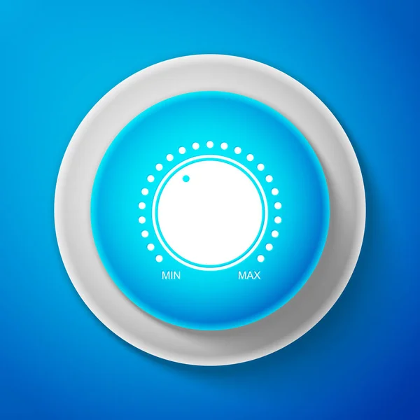 Esfera blanca configuración de la tecnología nivel perilla icono aislado sobre fondo azul. Botón de volumen, control de sonido, mando de música con escala numérica, regulador analógico. Círculo botón azul. Ilustración vectorial — Vector de stock