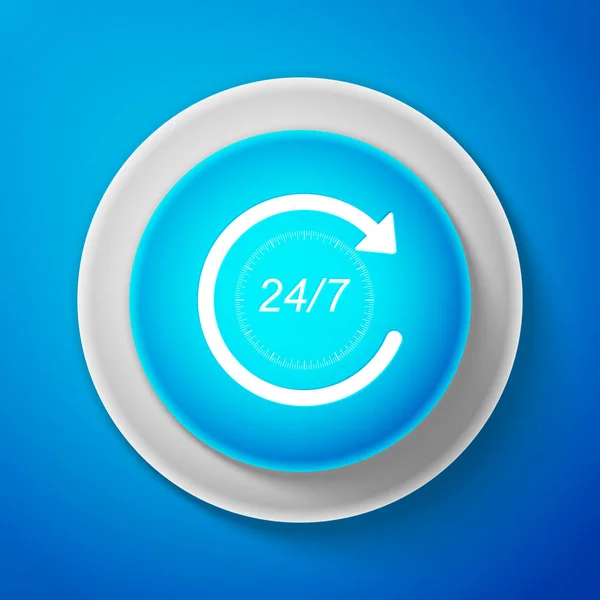 White Open 24 hours a day and 7 days a week icon isolated on blue background. All day cyclic icon. Circle blue button with white line. Vector Illustration — Stock Vector