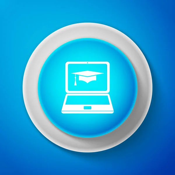 White Graduation cap and laptop icon. Online learning or e-learning concept icon isolated on blue background. Circle blue button with white line. Vector Illustration — Stock Vector