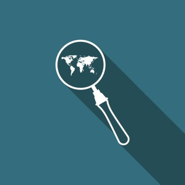 Dünya harita simgesi ile uzun gölge izole olan Büyüteç. Dünya analiz. Genel arama işareti. Düz tasarım. Vektör çizim