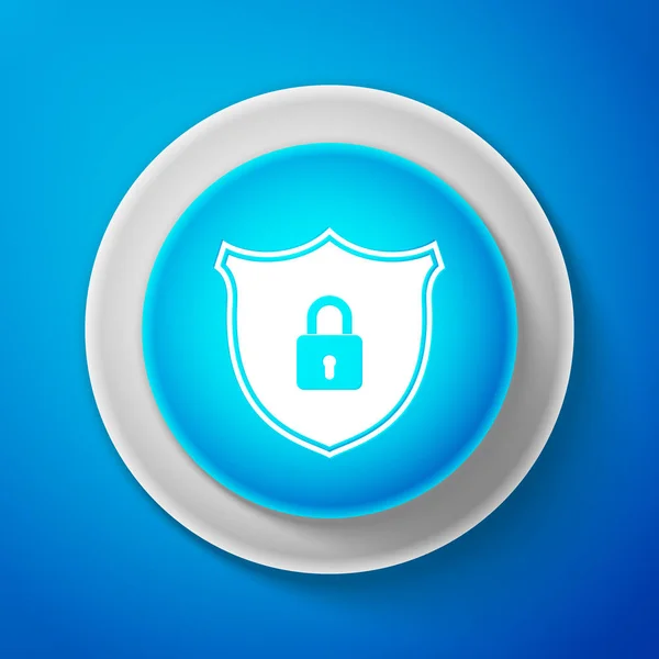 Escudo blanco de seguridad con icono de bloqueo aislado sobre fondo azul. Botón azul círculo con línea blanca. Ilustración vectorial — Archivo Imágenes Vectoriales