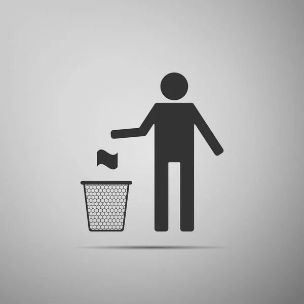 Mann wirft Müll in Mülleimer Ikone isoliert auf grauem Hintergrund. Recycling-Symbol. Mülleimer unterschreiben. flache Bauweise. Vektorillustration — Stockvektor